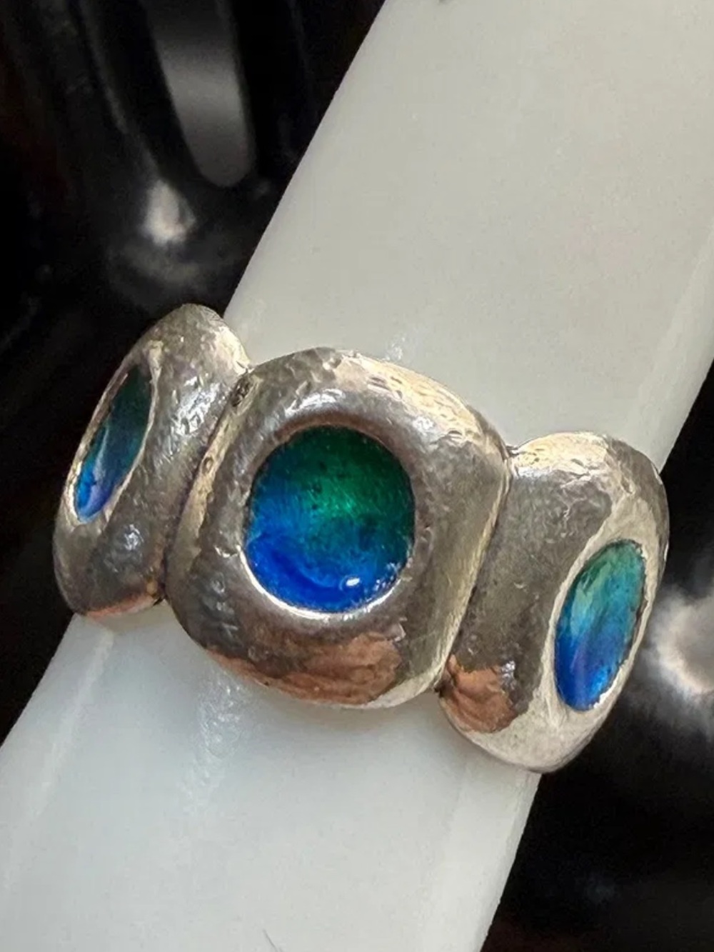 Vintage Sterling Silver Blue Green Enamel Ring Modernist Scandinavian 925
